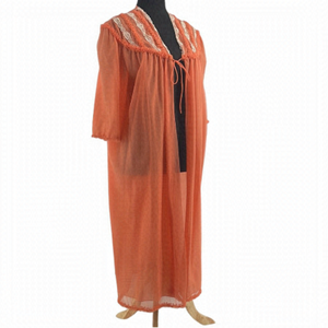 Vintage night coat house coat pajamas might dress coral house wife frills sz m-l